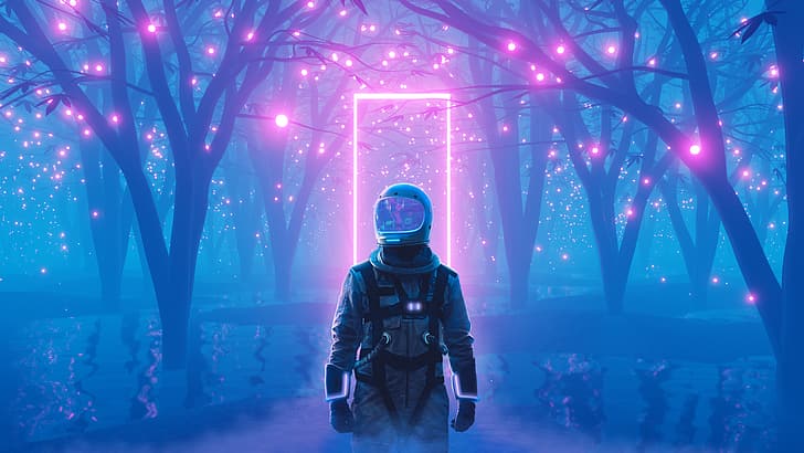 astronaut, neon, neon glow, lake lucerne, HD wallpaper