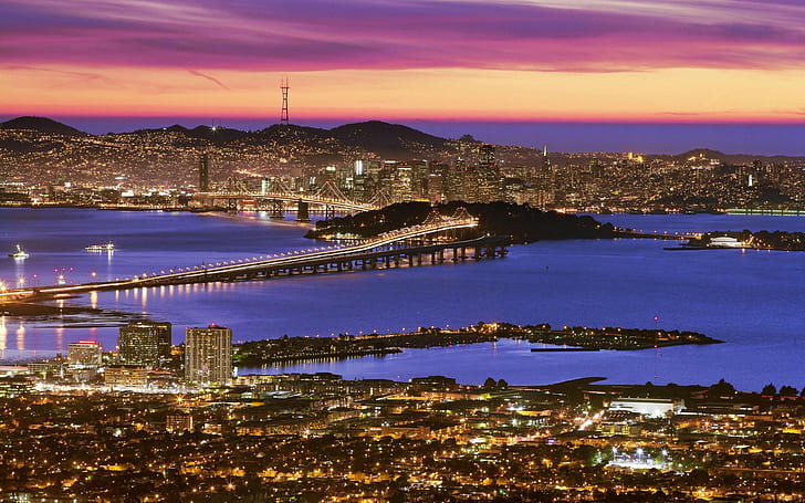 landscape, sea, water, San Francisco, California, bridge, lights, HD wallpaper