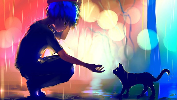 blue haired male facing black cat painting, male sitting front of cat