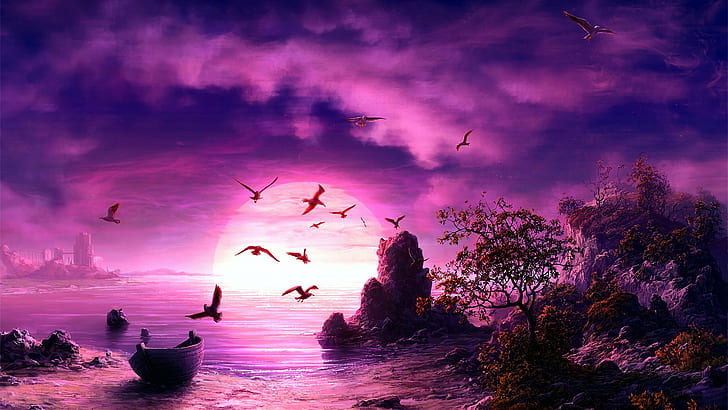 purple landscape, fantasy art, moon, boat, birds, fantasy landscape