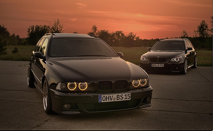 two black BMW sedans, Sunset, Lights, E39, E61, car, land Vehicle, HD wallpaper