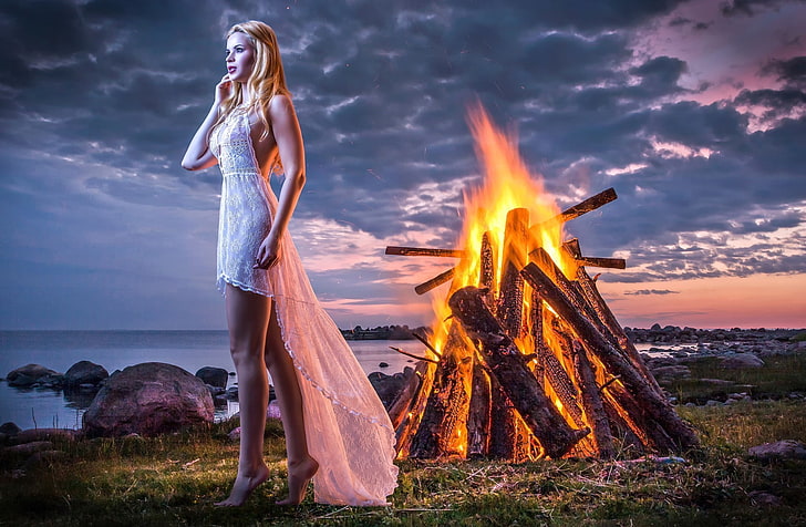fantasy art, fire, women, clouds, barefoot, sky, one person