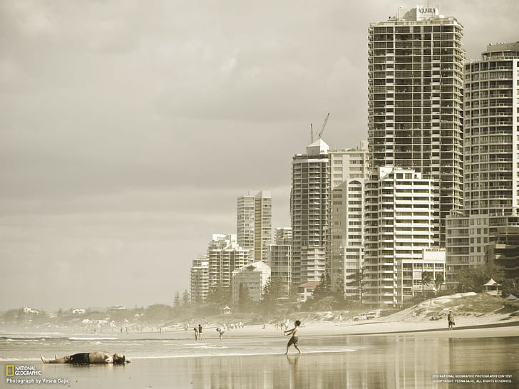 city, beach, cityscape, Surfers Paradise, sea, low saturation, HD wallpaper