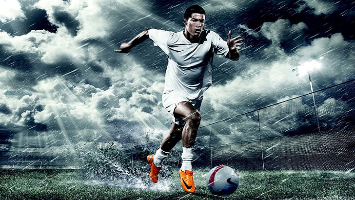 pair of orange Nike cleats, Cristiano Ronaldo, soccer, digital art, HD wallpaper
