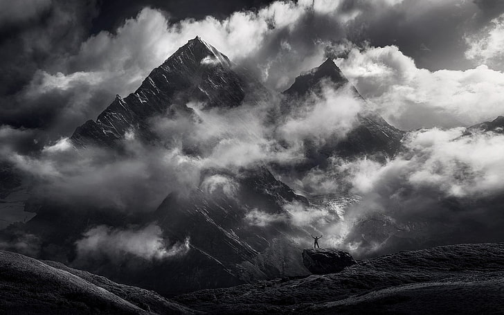 nature, landscape, monochrome, mountains, Himalayas, clouds, HD wallpaper