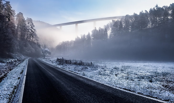 black concrete road, landscape, mist, winter, transportation