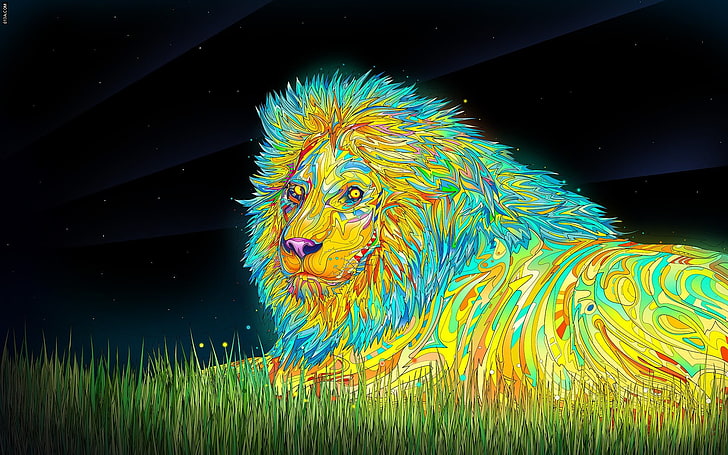 yellow and blue lion lying on grass artwork, animals, Matei Apostolescu, HD wallpaper