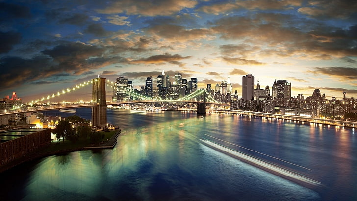 Brooklyn Bridge New York cityscape artwork, HDR, clouds, long exposure, HD wallpaper