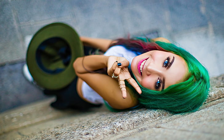 Green hair, blue eyes, smile girl, woman with green hair poster, HD wallpaper