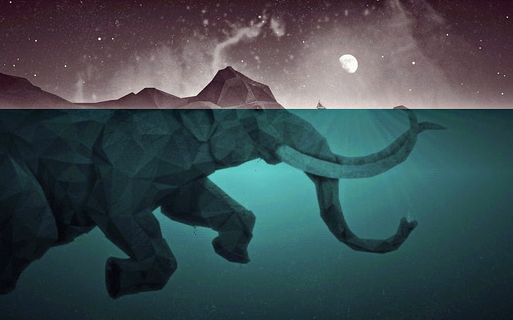 artwork, Moon, elephant, low poly, water, sea, split view