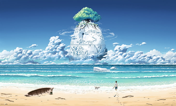 movie scene illustration, beach, sea, clouds, trees, fantasy art