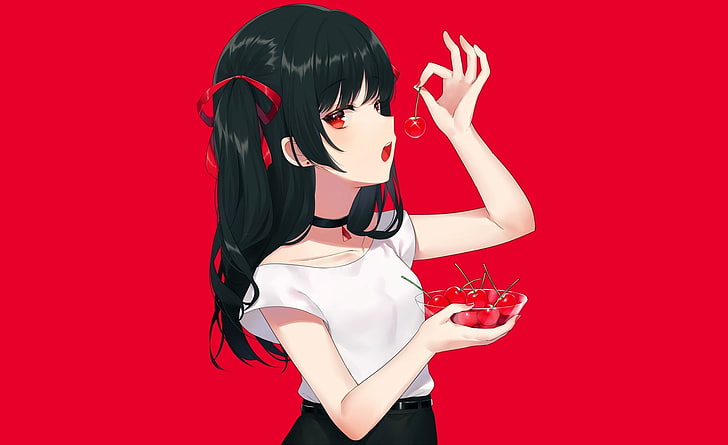 anime girl, cherry, eating, fruits, black hair, ribbon, red