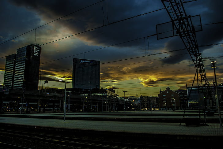 Oslo, city, sunset, building, train station, HD wallpaper
