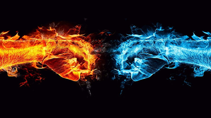 Elemental Fists, elements, hands, water, abstract, fire, opposites, HD wallpaper