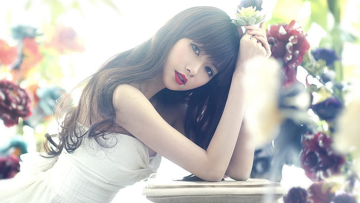 Asian girl, long hair, eyes, red lips, flower, women's white sweet heart dress, HD wallpaper