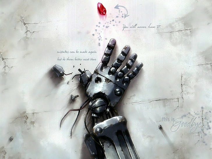 Full Metal Alchemist, Hello, Good-bye, hands, robot, text, good bye, HD wallpaper