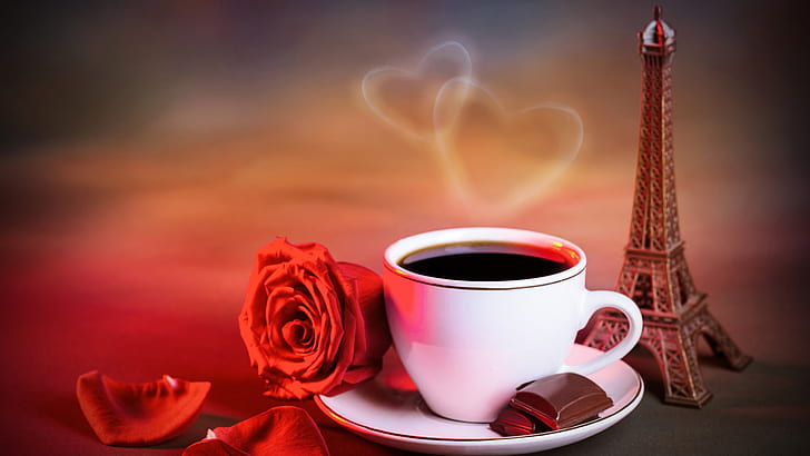 coffee, rose, flowers, red, petals, Eiffel Tower, HD wallpaper