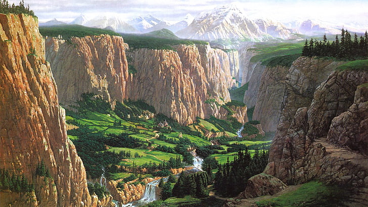 green field surrounded brown rock formation wallpaper, J. R. R. Tolkien, HD wallpaper