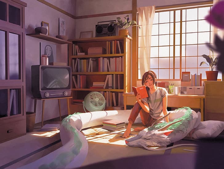 dragon, books, fan, TV, window, girl, on the bed, items, in the room