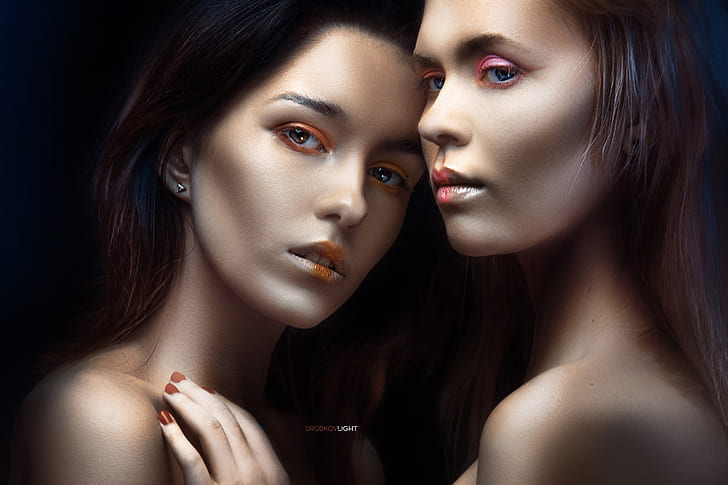 women, model, makeup, Alexander Drobkov, portrait, face, two women