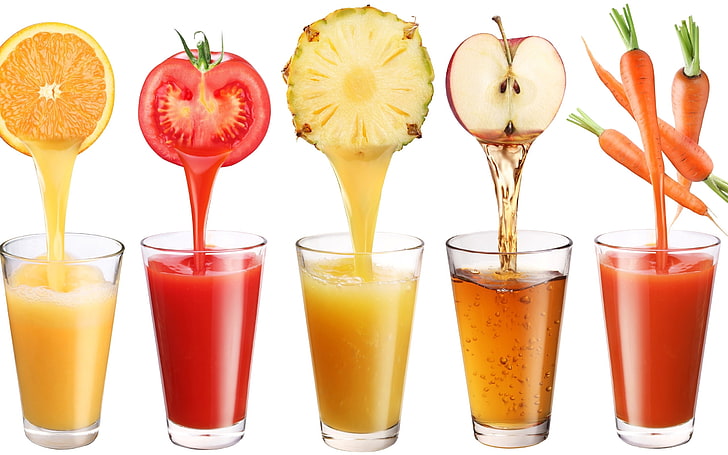 five clear glass shot glasses, fruit, juice, freshly squeezed