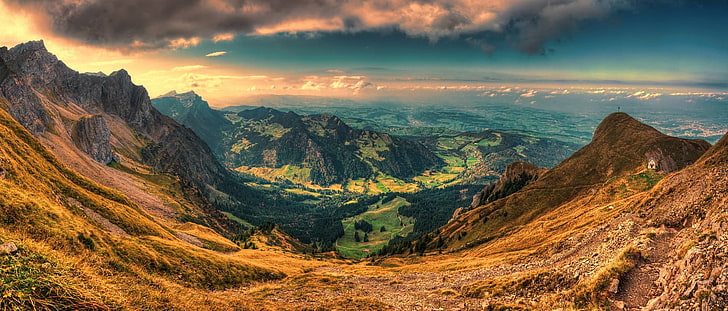 brown valley, sunset, panoramas, Switzerland, nature, mountains, HD wallpaper