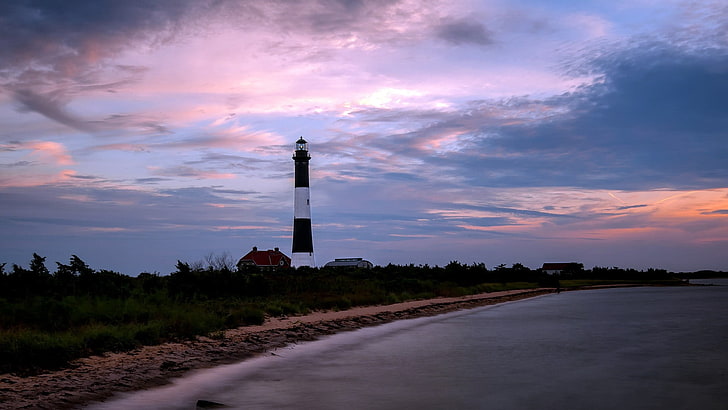 white and black lighthouse, nature, coast, sea, sky, cloud - sky, HD wallpaper