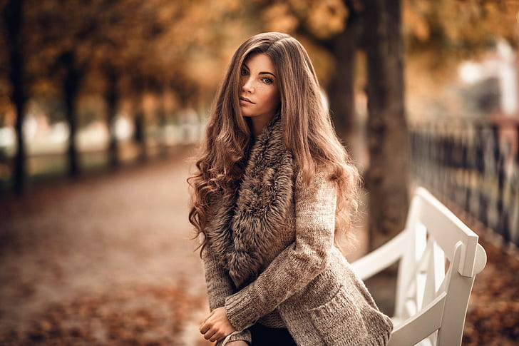 Sophie, model, tender, trees, leaves, beauty, view, jacket, brown hair, HD wallpaper