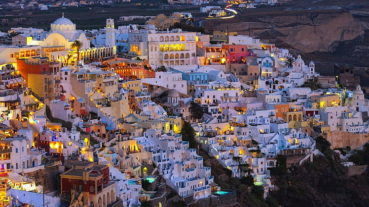 white city, cityscape, Santorini, Greece, lights, building, architecture, HD wallpaper
