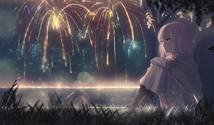 anime girls, sitting, fireworks