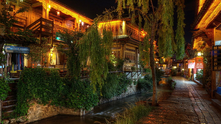 old town, night, lighting, street view, evening, lijiang, alley, HD wallpaper