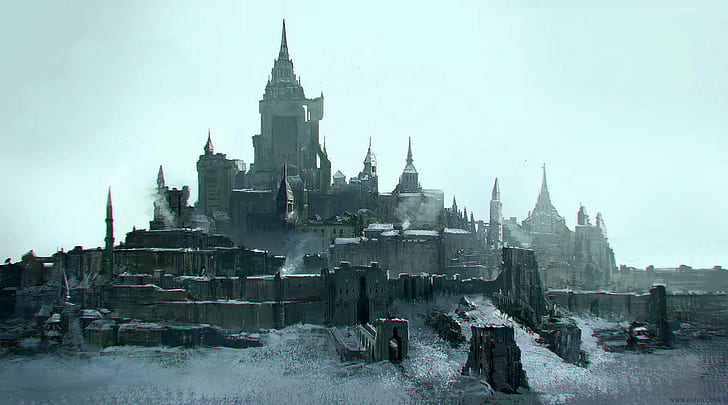 castle, snow, architecture, fantasy art, city, fantasy city, HD wallpaper