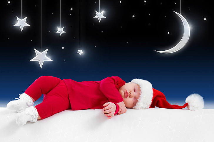 baby's Santa Claus costume, stars, children, the moon, clothing, HD wallpaper