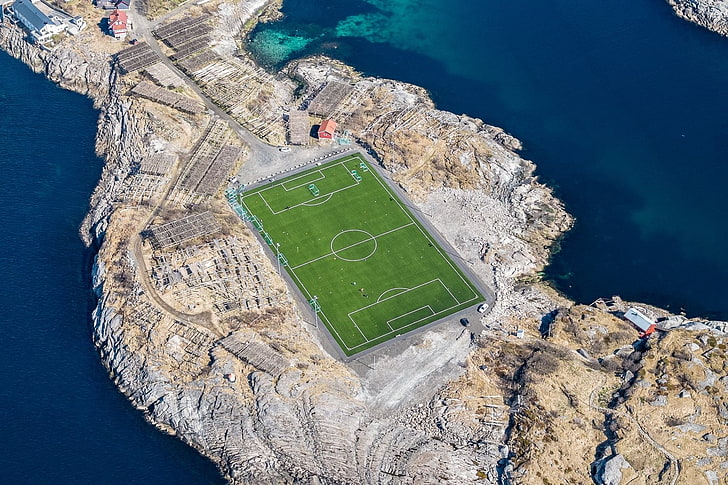 green soccer field, landscape, soccer pitches, sea, Lofoten Islands, HD wallpaper