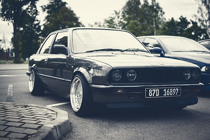 black coupe, old car, morning, evening, Hot Wheels, BMW, BMW E30, HD wallpaper
