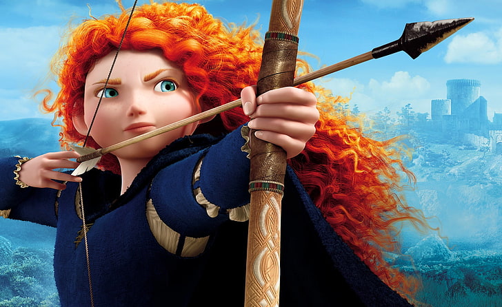 Disney Merida from Brave movie, girl, bow, arrow, red, evil, people