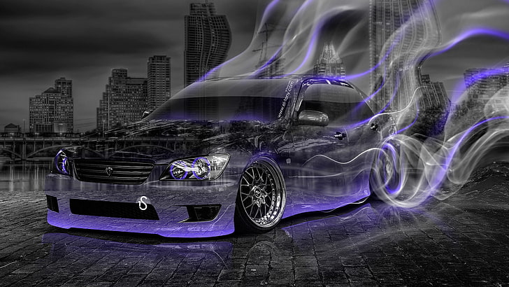 purple and black sedan, Night, The city, Smoke, Neon, Machine, HD wallpaper