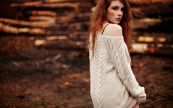 Redhead model, white knit sweater, girls, 2560x1600, woman, HD wallpaper