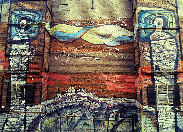 brown clay brick wall, graffiti, Russia, full frame, backgrounds, HD wallpaper