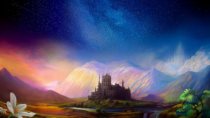 castle surrounded with mountains digital wallpaper, Odin Sphere