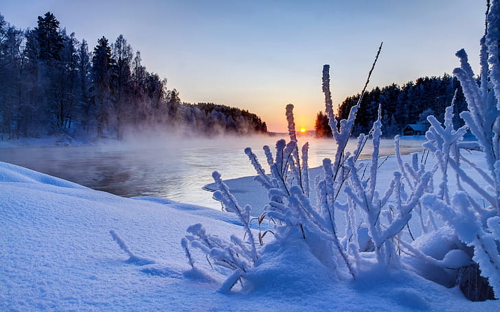 Nature winter, sunset, trees, snow, ice, river, sky, HD wallpaper