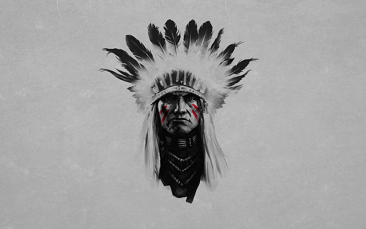 Native Americans, headdress, selective coloring, simple background