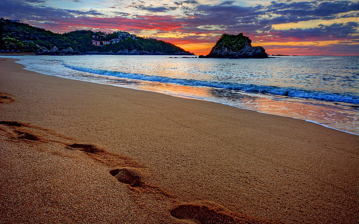 brown seashore, beach, coast, island, sunset, water, sky, beauty in nature, HD wallpaper