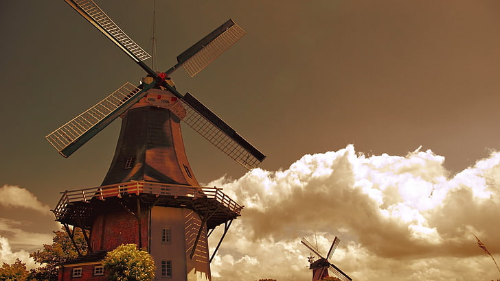 windmill, clouds, trees, Netherlands, landscape, environmental conservation, HD wallpaper