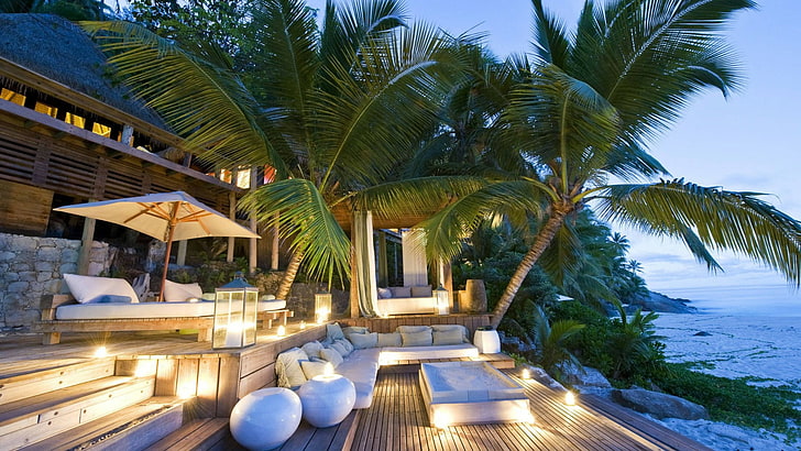 resort, seychelles, swimming pool, palm, palm tree, palms, villa, HD wallpaper