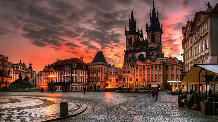 sunset, buildings, cobble stones, cloud, czech republic, tourist attraction