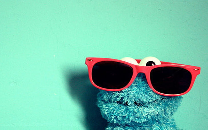 red framed sunglasses, Cookie Monster, colored background, fashion, HD wallpaper