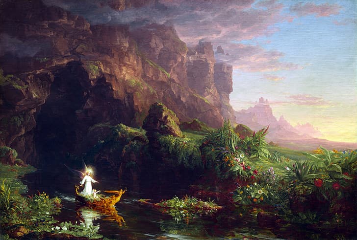 Thomas Cole, The Voyage of Life, painting, classic art, The Voyage of Life: Childhood