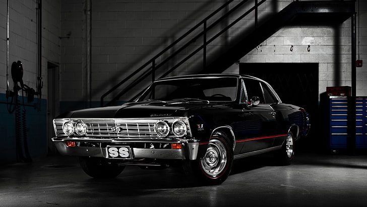 black Chevrolet coupe, garage, twilight, muscle car, chevelle ss