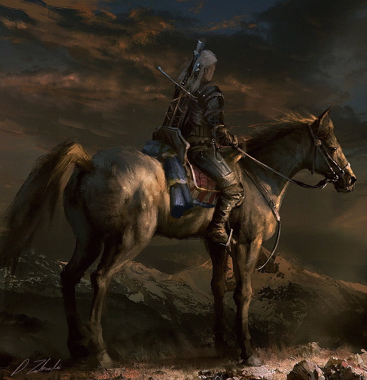 person riding on horse painting, The Witcher, artwork, Geralt of Rivia, HD wallpaper